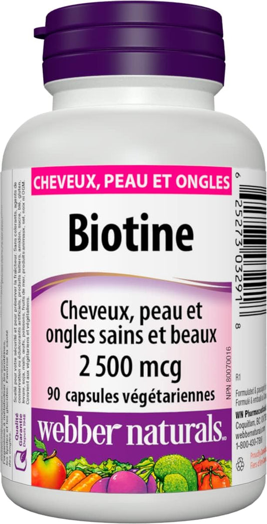 Webber Naturals 生物素 2500 微克,90 粒膠囊,支持健康的頭髮、皮膚和指甲,促進能量代謝,純素