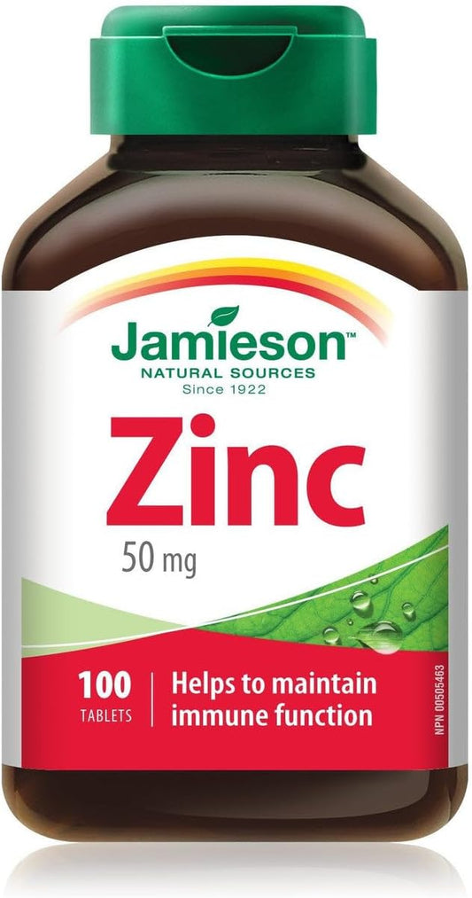 Jamieson Ultra Strength Zinc 50 mg, Supports Immune Health, Tissue Formation, and Healthy Skin. Vegetarian, Non-GMO, Gluten-Free, 100 Tablets, Proudly Canadian