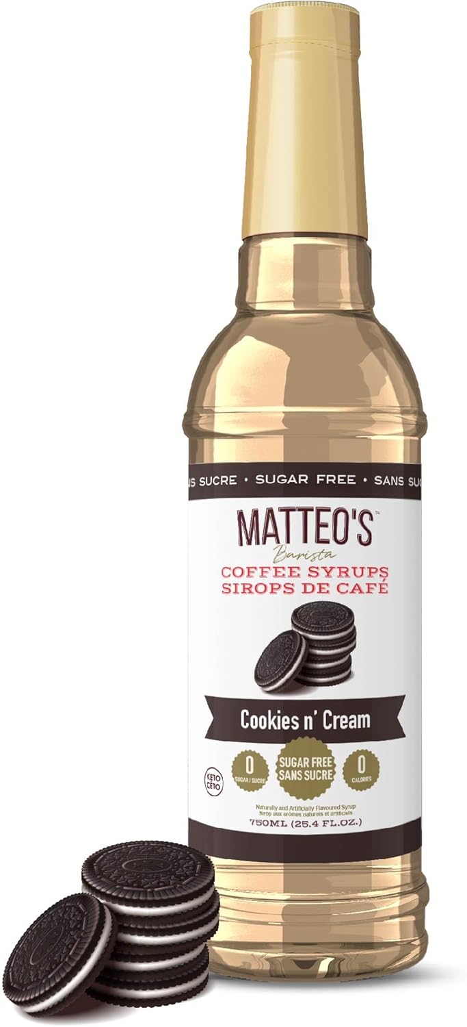 Matteo's Barista 风格无糖咖啡糖浆,曲奇奶油口味,零卡路里和糖,适合生酮饮食,适合拿铁、卡布奇诺、浓缩咖啡、美式咖啡,口感浓郁,25.4 盎司 1 包