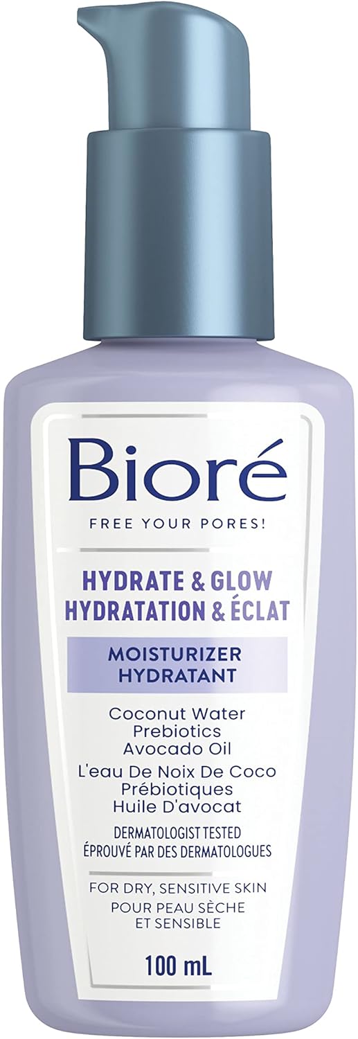 Bioré Hydrate & Glow Moisturizer, Face Cream for Dry, Sensitive Skin, infused with Prebiotics, Avocado Oil and Coconut Water |Dermatologist Tested, Cruelty Free and Fragrance Free (100mL)
