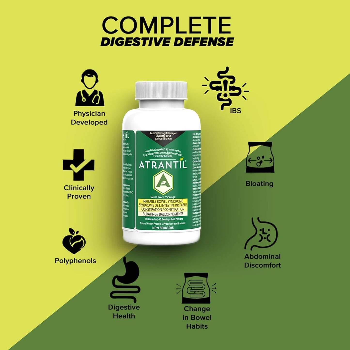 Atrantil:肠易激综合征 (IBS)、腹胀、腹部不适、排便习惯改变以及强效多酚,有助于日常消化健康,90 粒