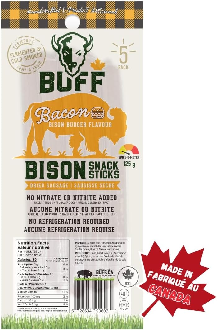 野牛培根漢堡肉條,加拿大草飼蛋白質零食,每包 5 條,125 公克