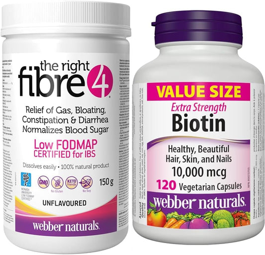 Webber Naturals Fibre4 肠易激综合征肠道不适胶囊 150 克,无味,30 份,纤维和生物素 10,000 微克,强效,120 粒胶囊,支持健康的头发、皮肤和指甲
