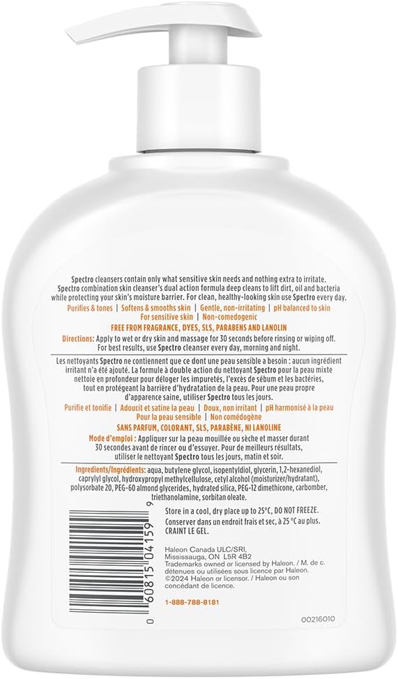 Spectro Facial Cleanser for Combination Skin, Fragrance and Dye Free, Pump Dispenser, 500 mL