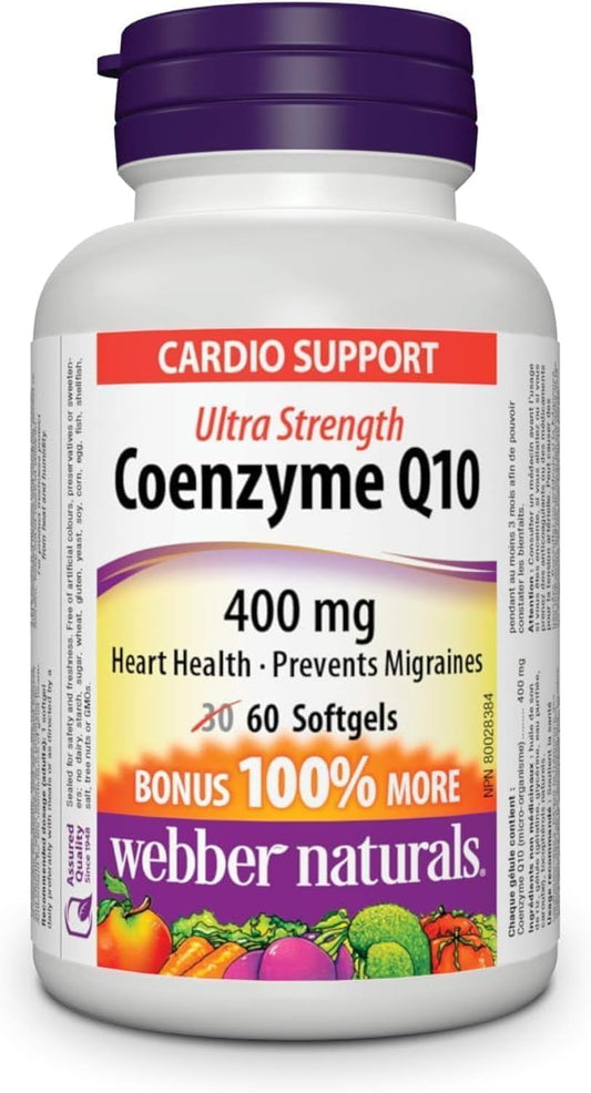 Webber Naturals 輔酶 Q10 (CoQ10) 400 毫克,60 粒軟膠囊,超強效,高效抗氧化劑,有益於心臟健康、促進細胞能量生成和緩解偏頭痛