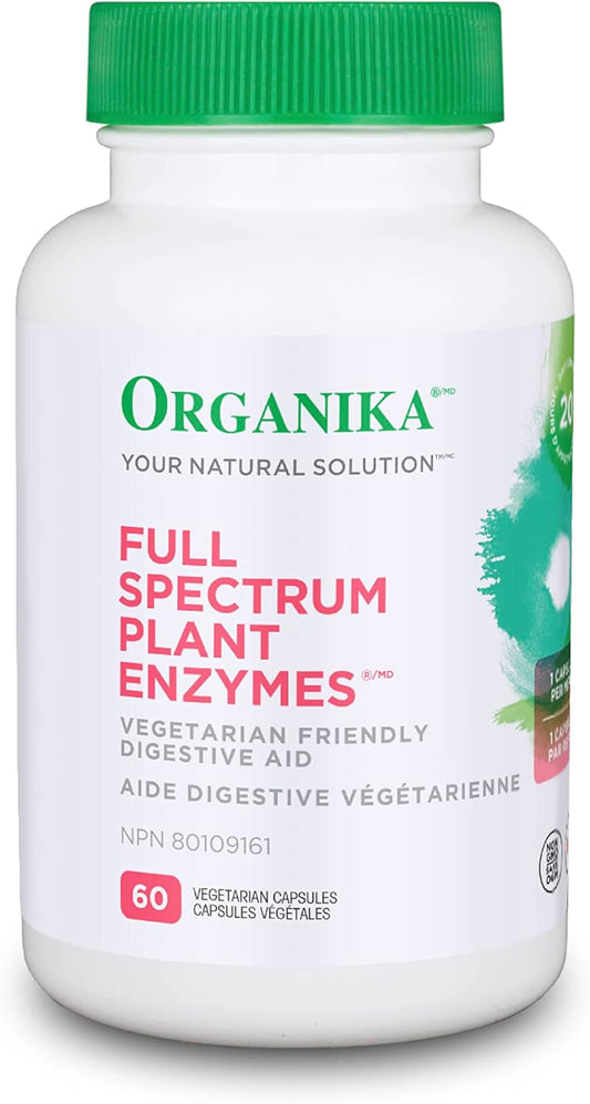 Organika Full Spectrum Plant Enzymes- Helps Break Down Carbs, Fat, Protein, Dairy- 60 vcaps & Prebiotic + Probiotic Powder 3 G X 14 Sachets