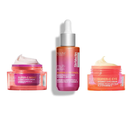 StriVectin Super-C 夜间套装、Super-C 夜间维生素 C 晚霜、多效 Super-C 保湿霜和日常防晒霜、多效 Super-C 视黄醇亮肤霜