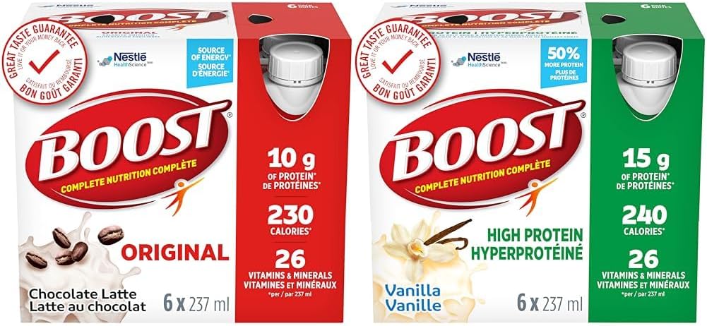 BOOST Original Meal Replacement Drink, Choc Latte, 6x237ml, Case Pack of 4, Packaging May Vary & 15g High Protein Meal Replacement Drink, Vanilla, 6x237ml, Case Pack of 4, Packaging May Vary