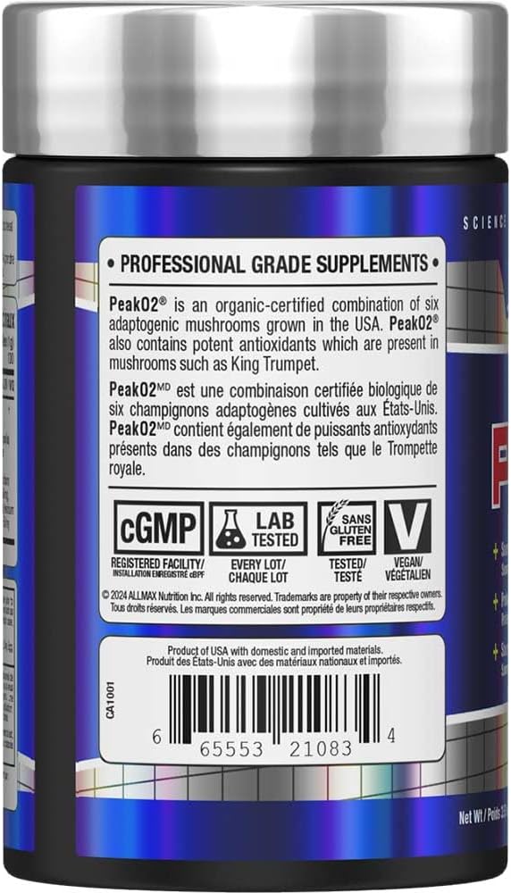 ALLMAX Essentials PEAKO2 – 有机适应原蘑菇混合物,支持耐力、力量和免疫健康,无麸质,素食 – 100 克(100 份)