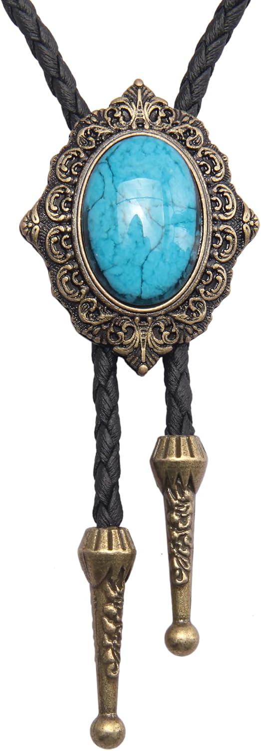 Joxevyia - 绿松石男士波洛领带西部牛仔领带男女通用配饰伴郎礼物,Jbl007-turquoise-gold,Único