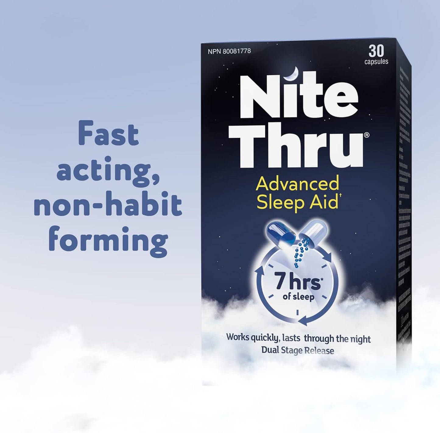 NiteThru 成人高级睡眠辅助剂,定时释放褪黑激素,快速起效并持续一整夜,10 毫克褪黑激素,30 粒胶囊