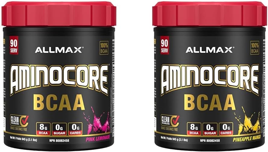 Allmax Aminocore 粉红柠檬水 945 克 & 营养 - Aminocore BCAA - 8 克 BCAA - 100% 纯支链氨基酸 - 无麸质 - 菠萝芒果味 - 945 克