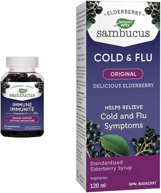 Nature's Way Sambucus Immune Original Cold and Flu Care Elderberry Gummies with Vitamin C and Zinc & Sambucus Cold and Flu Care Original – Elderberry Syrup Used in Herbal