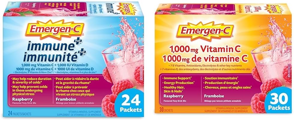 Emergen-C Immune+ 1000mg 维生素 C 粉剂补充剂、饮料混合物、免疫系统增强剂、覆盆子、24 包和覆盆子(30 粒)、1000mg 维生素 C/电解质/B 族维生素矿物质补充剂