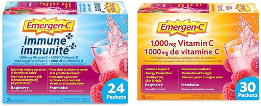 Emergen-C Immune+ 1000mg 维生素 C 粉剂补充剂、饮料混合物、免疫系统增强剂、覆盆子、24 包和覆盆子(30 粒)、1000mg 维生素 C/电解质/B 族维生素矿物质补充剂