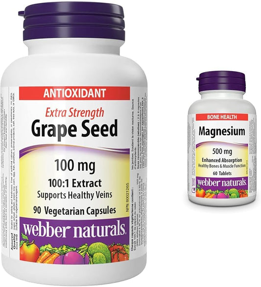 Webber Naturals 葡萄籽 100 毫克,强效,90 粒胶囊,抗氧化支持,纯素 & 镁 500 毫克,60 片,增强吸收矿物质,支持骨骼和肌肉功能,纯素