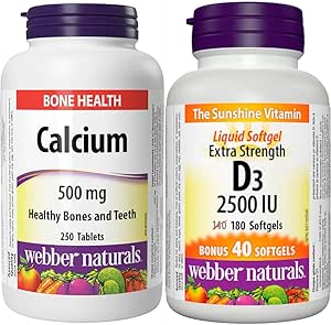 Webber Naturals 碳酸鈣,250 片,有助於支持骨骼和牙齒,維生素 D3 2500 IU 超強,180 粒軟膠囊,有助於骨骼和牙齒健康,並有助於預防維生素 D 缺乏症