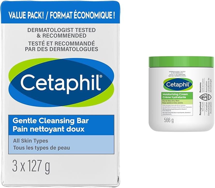 Cetaphil 温和洁肤皂(3 件装),127 克 - 保湿泡沫洁面沐浴露和保湿霜,含甜杏仁油和甘油 566 克 - 48 小时保湿
