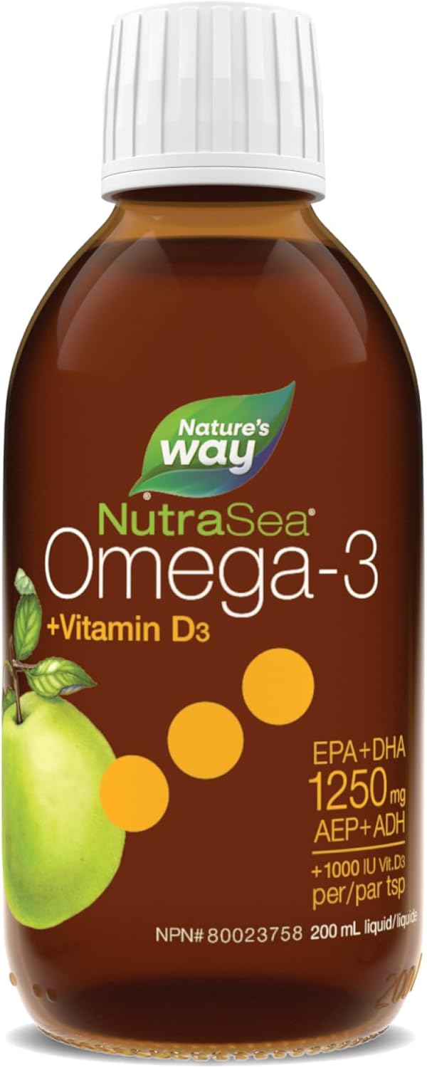 Nature's Way NutraSea+D,Omega 3 + 维生素 D 补充剂,苹果脆,200 毫升液体