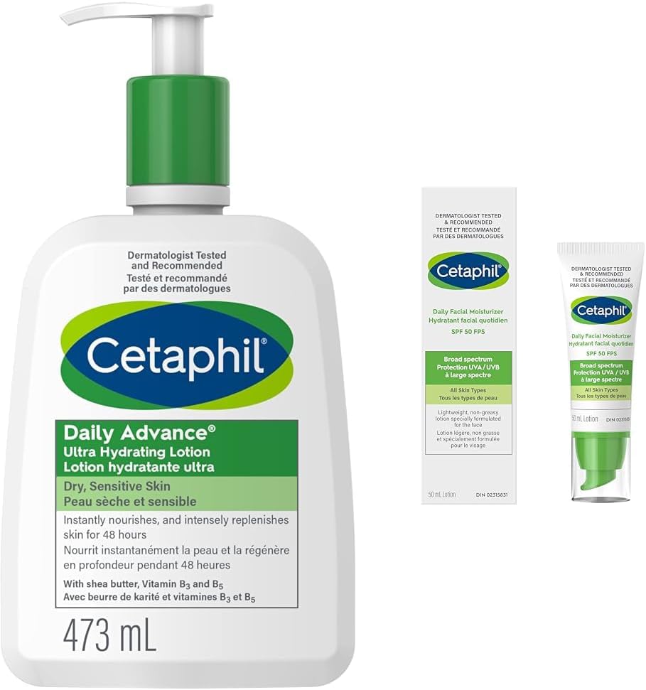 Cetaphil Daily Advance Lotion, 473ml | Ultra Hydrating Body Lotion & Daily Facial Moisturizer SPF 50 - For Sensitive Skin - Oil Free and Non Greasy