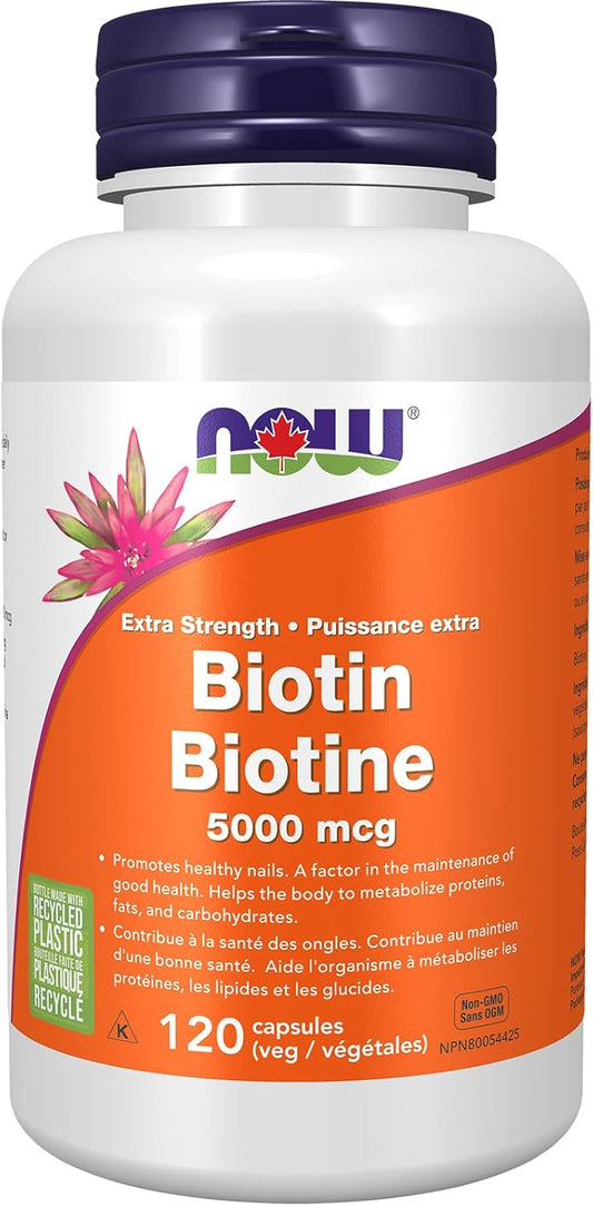NOW Supplements,生物素 5,000 微克,胺基酸代謝,能量產生,120 粒素食膠囊