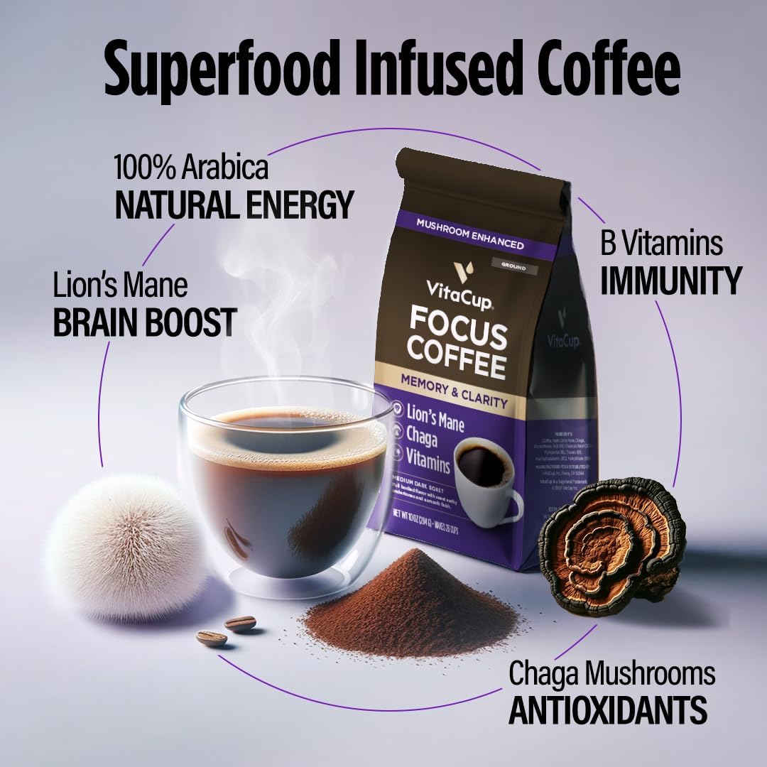 VitaCup Focus 研磨蘑菇咖啡,含狮鬃菇、白桦茸和维生素,有助于增强免疫力和集中注意力,适用于滴滤咖啡机和法压壶,10 盎司