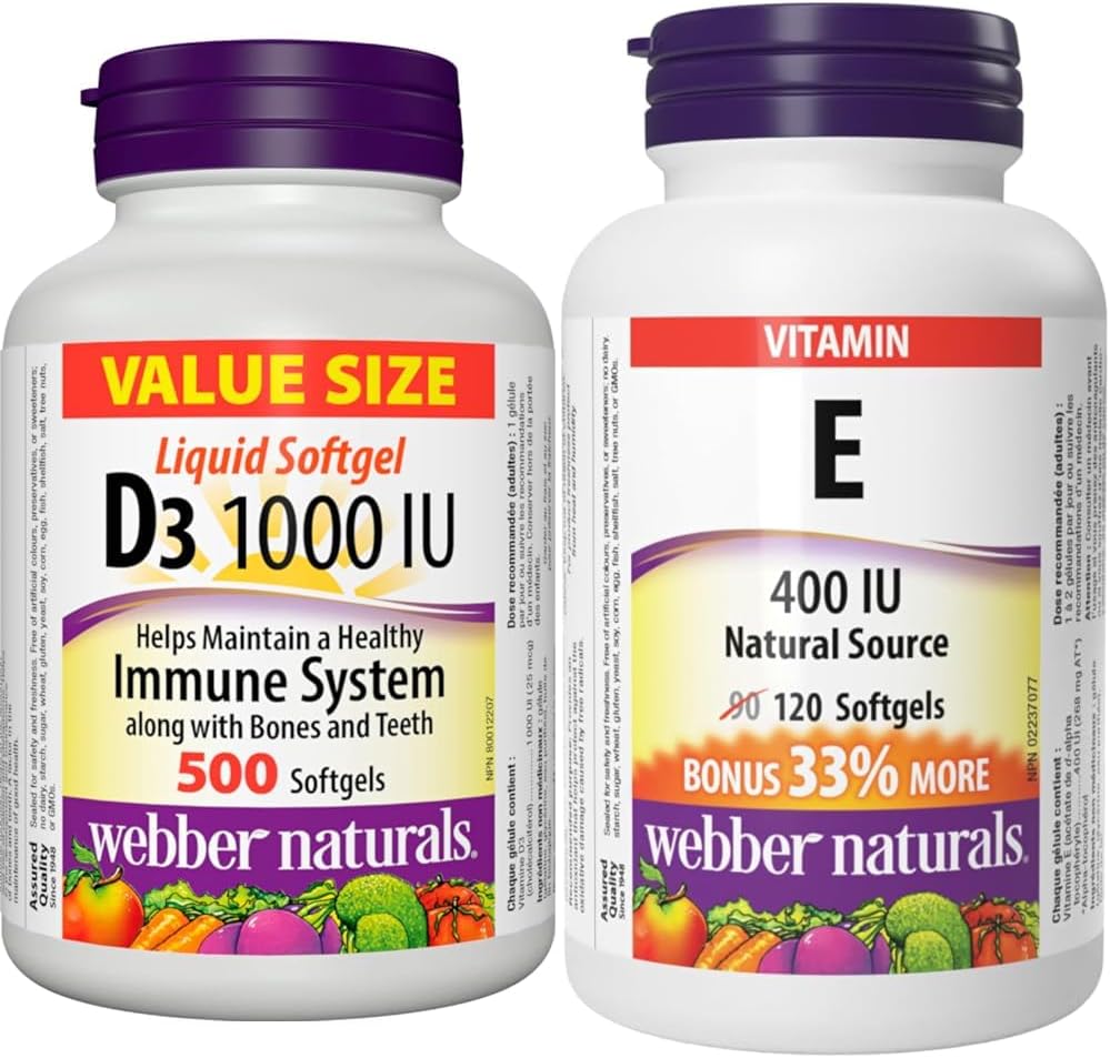 Webber Naturals 维生素 D3 1000 IU,500 粒软胶囊,有益于骨骼和牙齿健康,并有助于维持身体健康;维生素 E 400 IU,120 粒软胶囊,天然维生素 E 来源,具有抗氧化作用