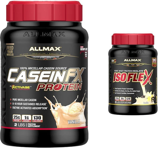 ALLMAX CASEIN-FX 香草味 2 磅 & Isoflex 100% 超纯乳清分离蛋白,香草味,2 磅