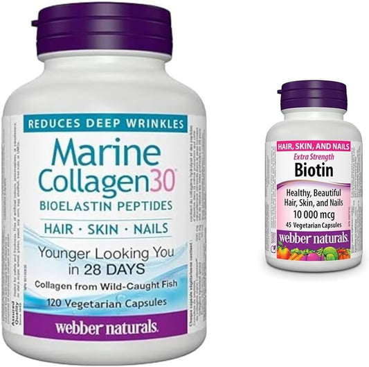 Webber Naturals Collagen30 海洋生物彈性蛋白勝肽 + Webber Naturals 生物素 10,000 微克超強效