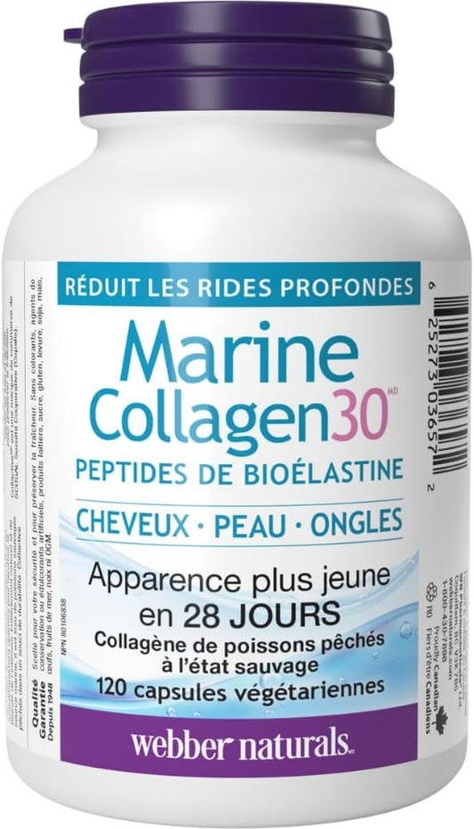 Webber Naturals Collagen30 海洋生物彈性蛋白勝肽,每粒含 500 毫克 Collactive 海洋膠原蛋白勝肽複合物,120 粒膠囊,有助於減少深層皺紋和關節疼痛