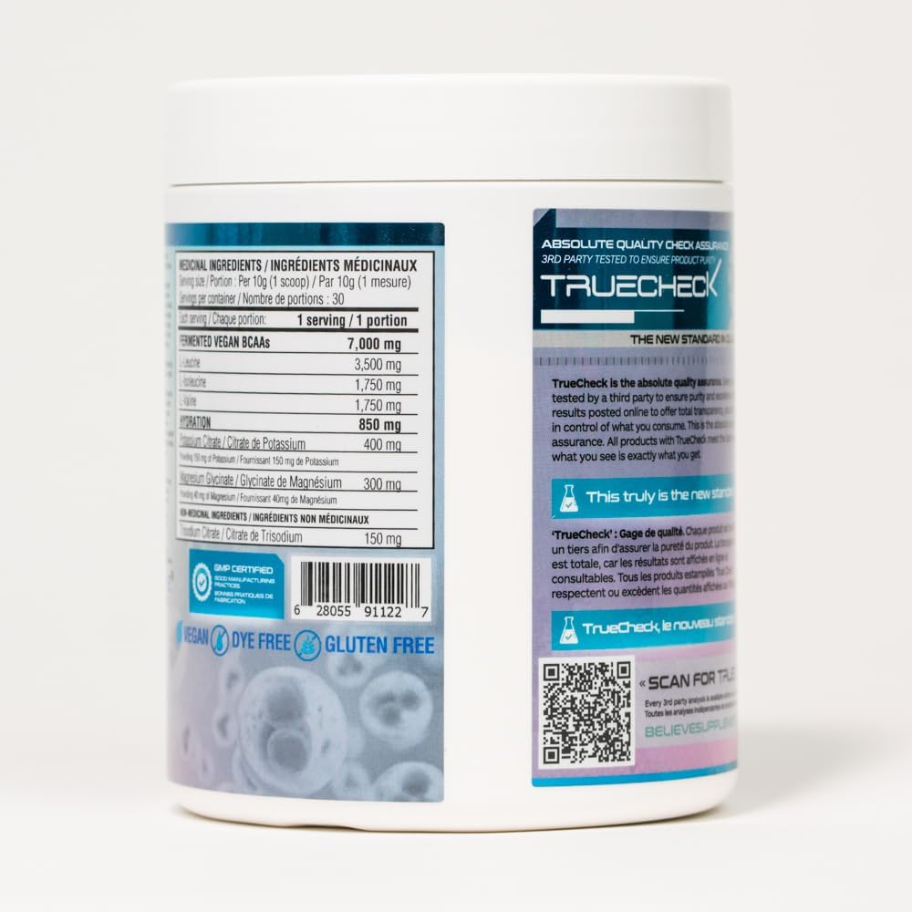 Believe 补充电解质+BCAA:通过支链氨基酸和必需电解质优化补水和肌肉恢复 - 立即提升运动表现并补充重要营养素!(酸桃味)