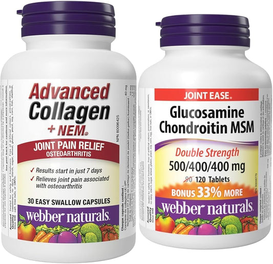 Webber Naturals 高級膠原蛋白,含天然蛋殼膜 (NEM) 和葡萄糖胺軟骨素 MSM,雙倍功效,120 片,有助於緩解骨關節炎引起的關節疼痛