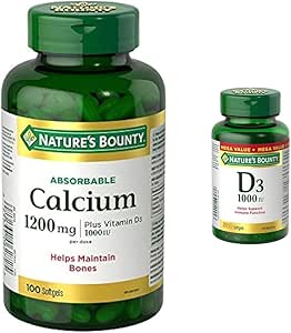 Nature's Bounty 钙片加维生素 D3 1200 毫克补充剂 & 维生素 D3 片和补充剂,有助于支持免疫功能,1000 国际单位,500 粒软胶囊