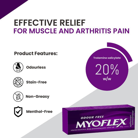 Myoflex Pain Relief Rub | Odourless | Provides Deep Penetrating Relief of Muscle Soreness & Joint Pain | Menthol Free | Stain Free | Non-Greasy | Great For Ages 2+ | 100 grams (Maximum Strength)