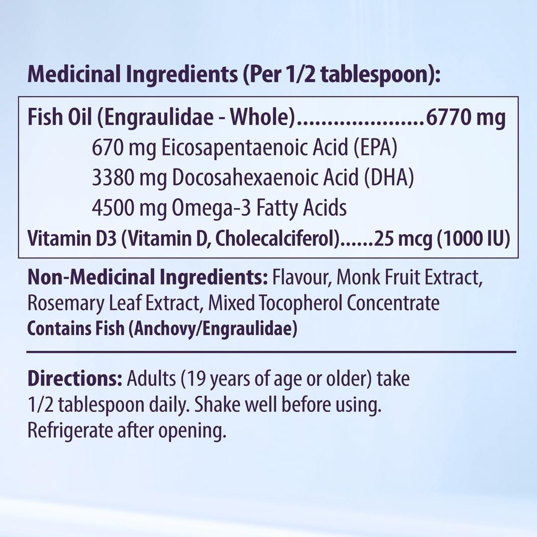 5倍極致強度 Omega 3 補充劑(含維生素 D)、魚油 Omega 3 液體(含 EPA、DHA 補充劑)、葡萄口味 Omega3 補充劑、野生魚油補充劑,225 毫升