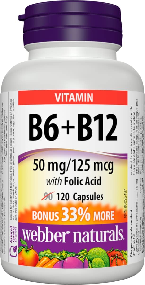 Webber Naturals 维生素 B6 + B12 含叶酸,120 粒胶囊