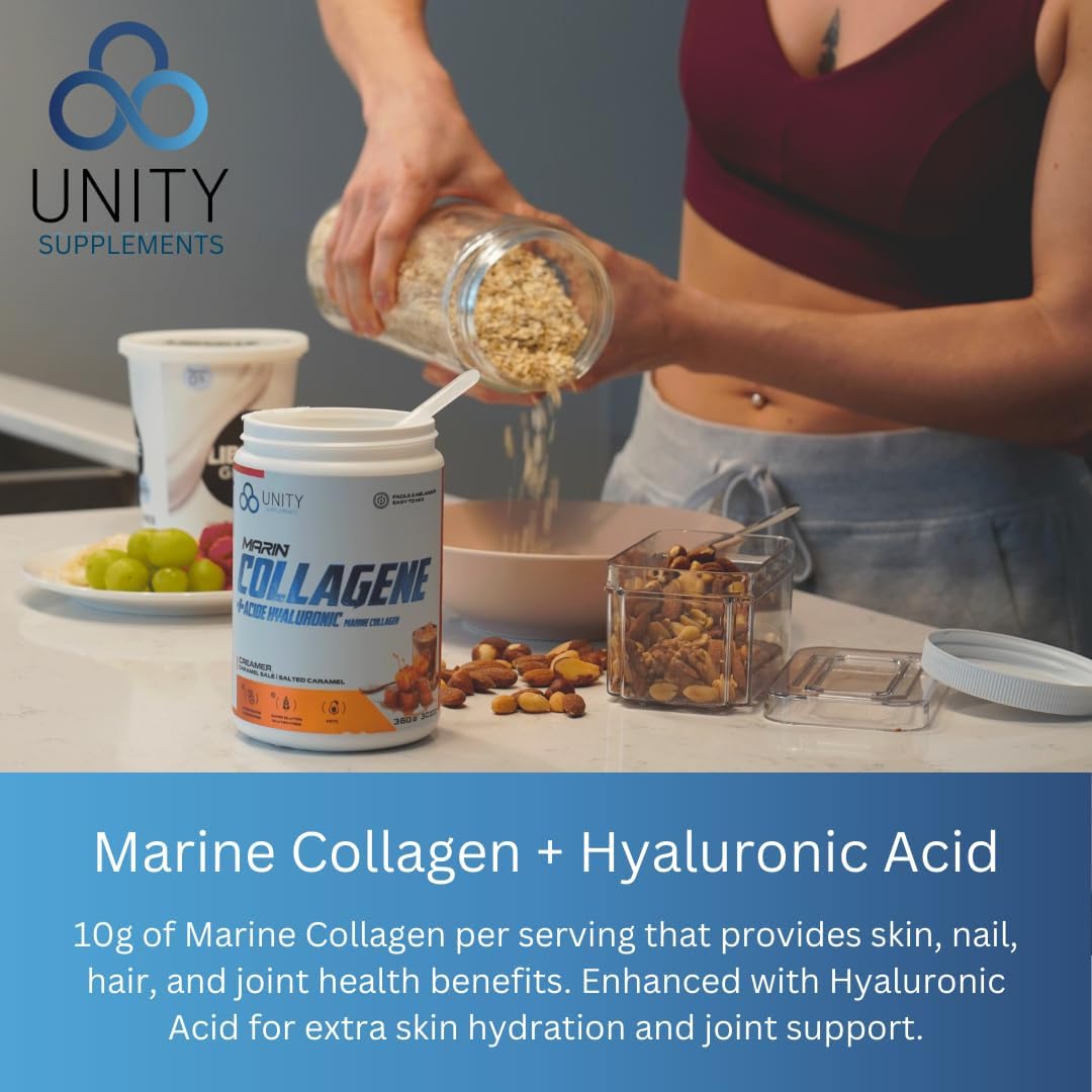 Unity Supplements Marine Collagen Powder with Hyaluronic Acid - Salted Caramel Flavored Coffee Sweetener - 360g, 30 Servings - 10g Marine Collagen per Serving - Promotes Skin, Nail, Hair & Joint Health