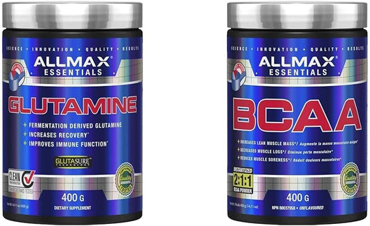 ALLMAX Nutrition - Glutamine Powder - 100% Pharmaceutical Grade - 400 Gram & BCAA 2:1:1-100% Pure Pharmaceutical Grade - Micronized Branched Chain Amino Acids - Gluten-Free, 400 Gram