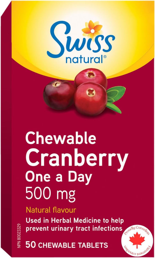 Swiss Natural – 蔓越莓咀嚼片 500 毫克 | 预防尿路感染 | 非转基因,无麸质 | 不含人工香料或防腐剂 | 50 片