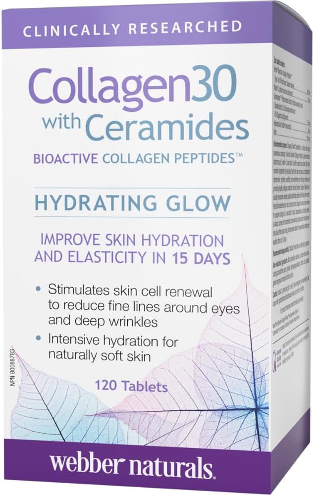 Webber Naturals Collagen30 含神經醯胺,生物活性膠原蛋白勝肽,120 片,保濕亮澤,有助於改善皮膚保濕、彈性和光滑度