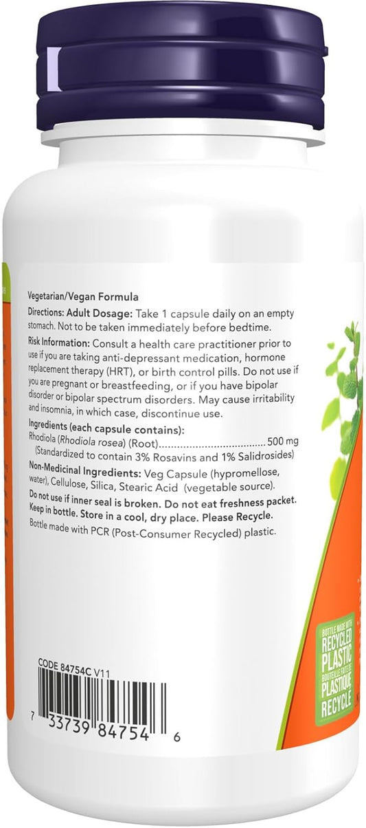 NOW Supplements, Rhodiola 500 mg, Helps Body Adapt to Stress of Daily Life*, Adaptogenic Herb*, 60 Veg Capsules