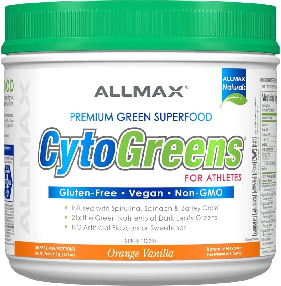 ALLMAX Naturals CytoGreens Super Greens Powder, Orange Vanilla – 315g – Supports Performance, Recovery & Energy – with Spirulina, Chlorella, Spinach, Barley Grass & Matcha Green Tea – 30 Servings