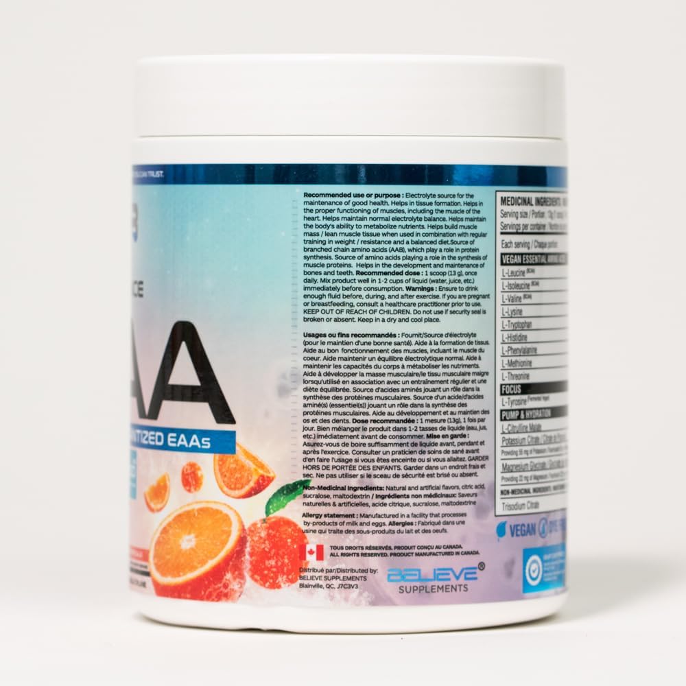 Believe Supplements 高性能 EAA - 必需氨基酸配方 | 促进肌肉恢复、性能和补水 | 提供无糖美味口味!(30 份,热带橙味)