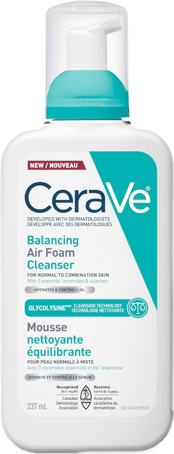CeraVe Balancing Air Foam Cleanser, Gentle Facial Cleanser For Normal to Combination Skin With 3 Ceramides and Glycolysine™, 8HR Oil Control & 24HR Hydration, Lightweight Air-Foam Texture, 237ml
