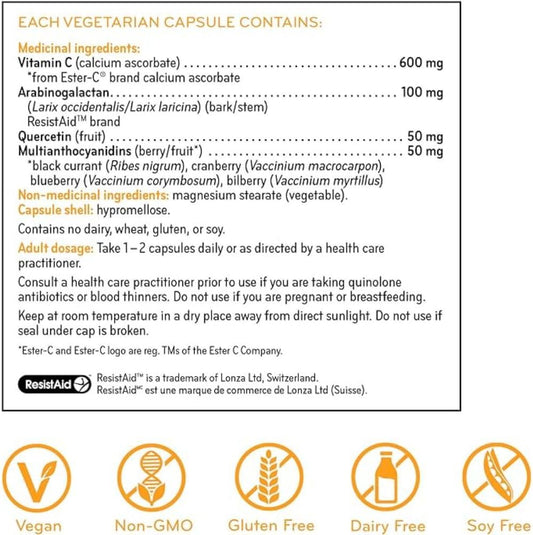 Sisu Ester-C 至尊膠囊,24 小時免疫支持,含抗氧化生物類黃酮和落葉松阿拉伯半乳聚醣,用於支持免疫系統,120 粒膠囊,不含柑橘、不含麩質、純素、非基因