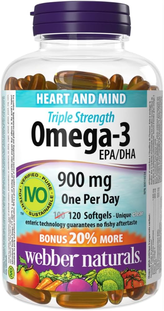 Webber Naturals Omega-3 900 毫克三倍强度,120 粒透明肠溶无鱼腥味软胶囊,支持心血管健康和大脑功能
