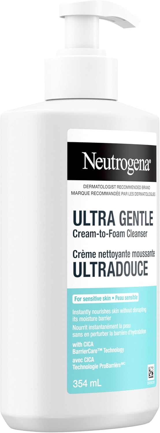 Neutrogena Ultra Gentle Cream-to-Foam Cleanser, Face Wash for Sensitive Skin, Dry Skin, Cleanser, Dermatologist Tested, Hypoallergenic, Cica, Fragrance Free, 354mL