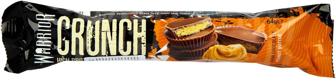 Warrior Crunch - 高蛋白棒 - 每条含 20 克蛋白质 - 低碳水化合物、低糖零食 - 12 包 x 64 克 - 黑巧克力花生酱