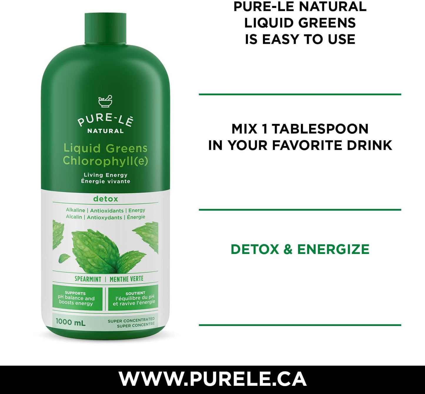 Pure-lē Natural Chlorophyll Liquid Greens | Organic (COR Certified), Gluten-Free, Vegan | Mint Flavor (1000 mL) – Natural Body Deodorant, Alkalizing & Antioxidant Support