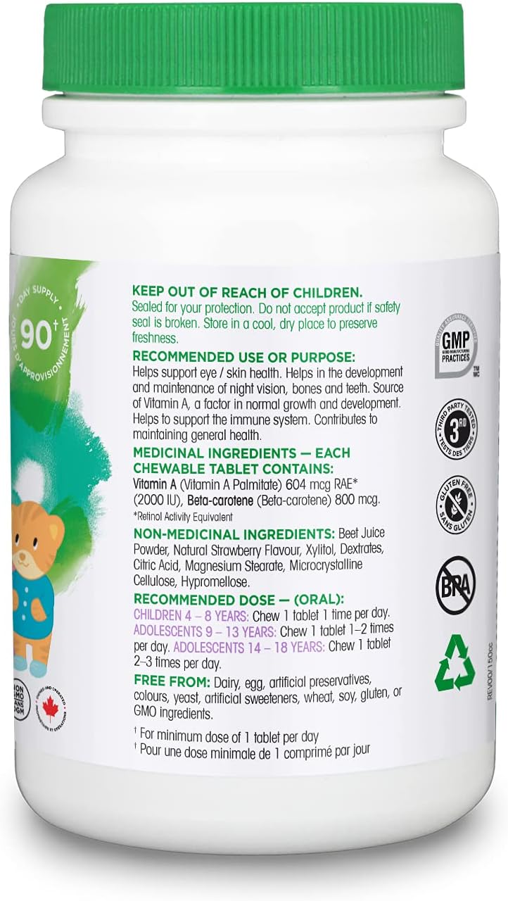 Organika 儿童视力咀嚼片草莓味 - 维生素 A、β-胡萝卜素,支持功能和发育 - 90 片